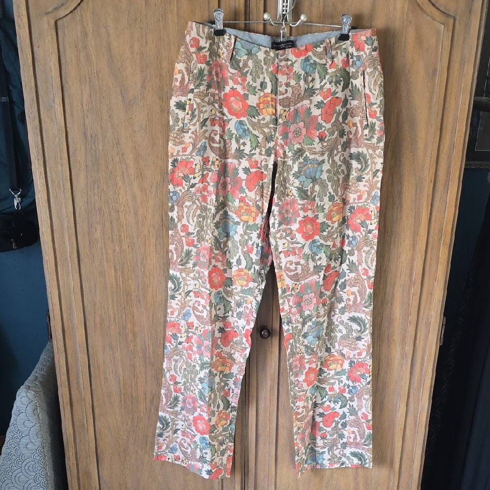 Peruvian Connection, Floral Pants in Coral, Green, Blue, Size 12